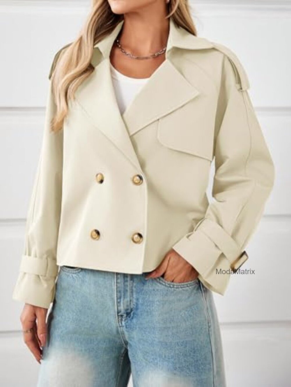Cropped Trench Coat Oversized Double Breasted Lapel Long Sleeve Short Jacket - Picture 4 of 7